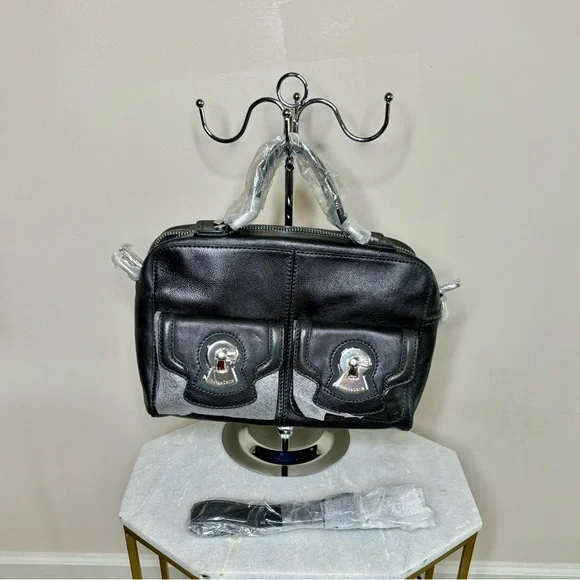 Firenze Black Italian Leather Handbag with Silver Accents & Crossbody Strap - Picture 1 of 5
